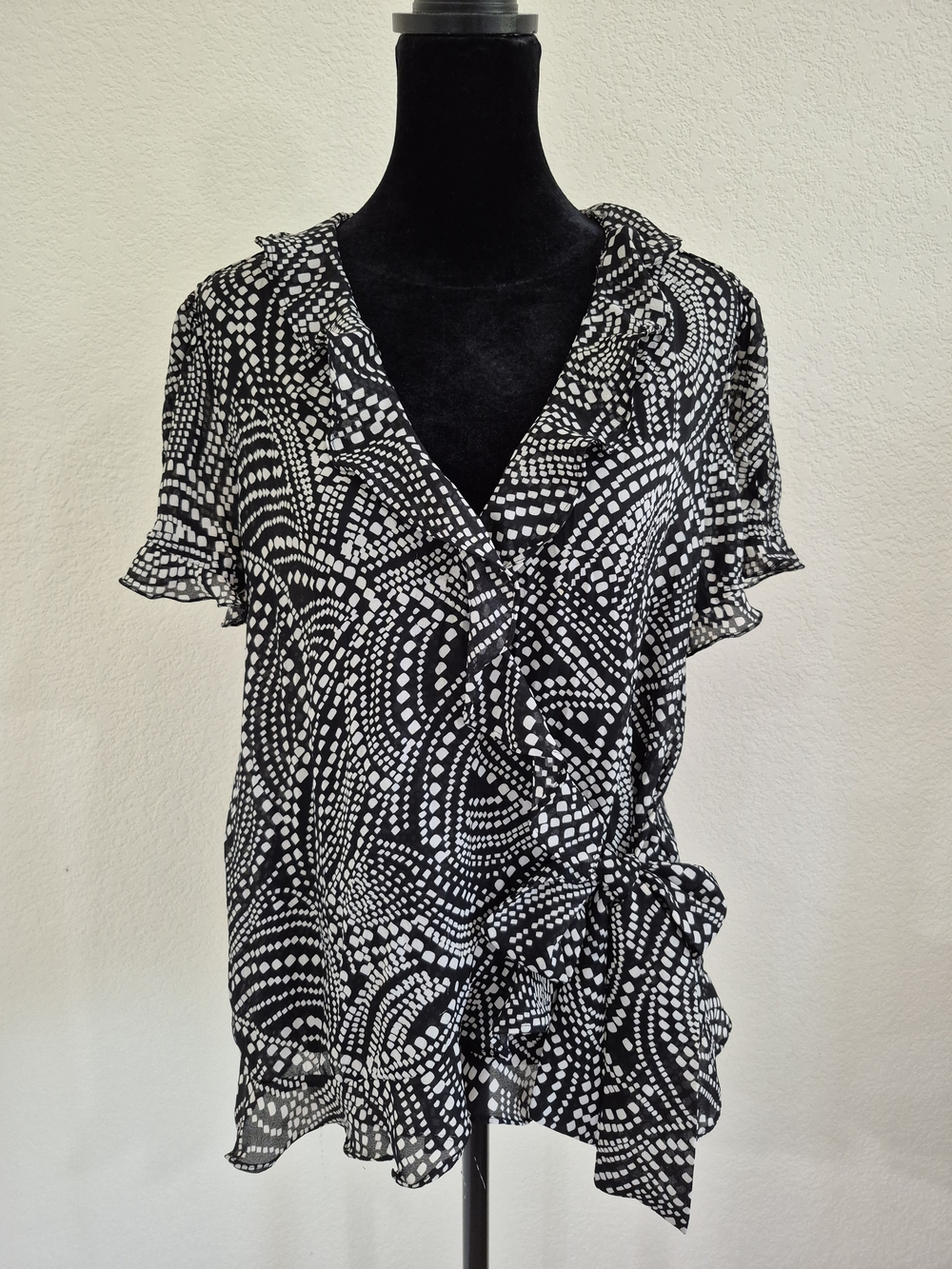 Black & White Dot-Print Wrap Blouse